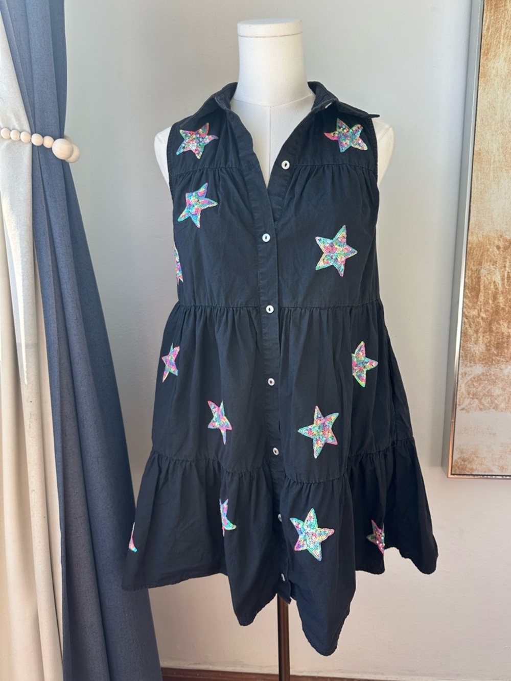 Peach Love California Small Dress Puff Sleeve Sequin Star Tiered Pockets Black